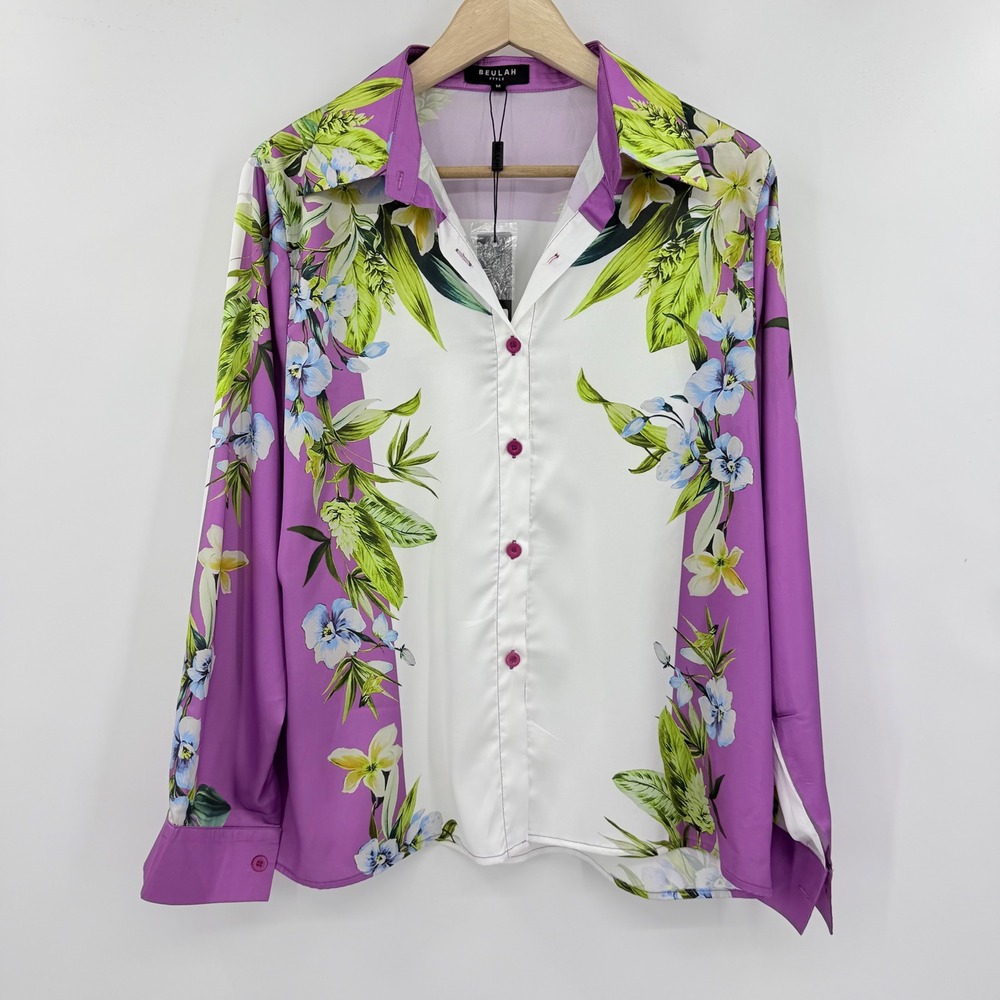 Beulah Style Floral Button Down Blouse Womens M Purple Tropical Satin NWT